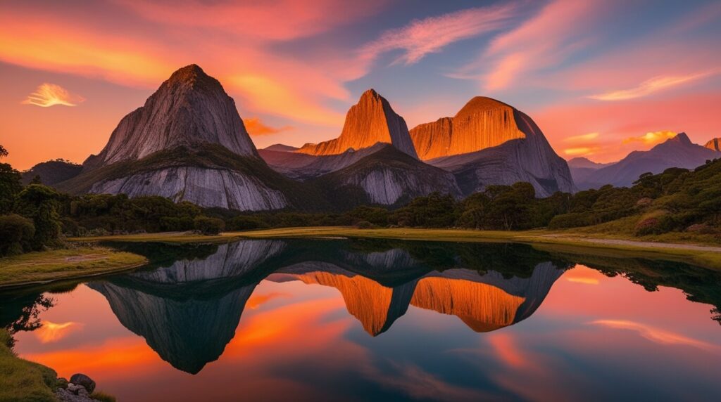 A vista deslumbrante das torres de granito de Torres del Paine, com luz dourada ao pôr do sol refletindo em um lago sereno.