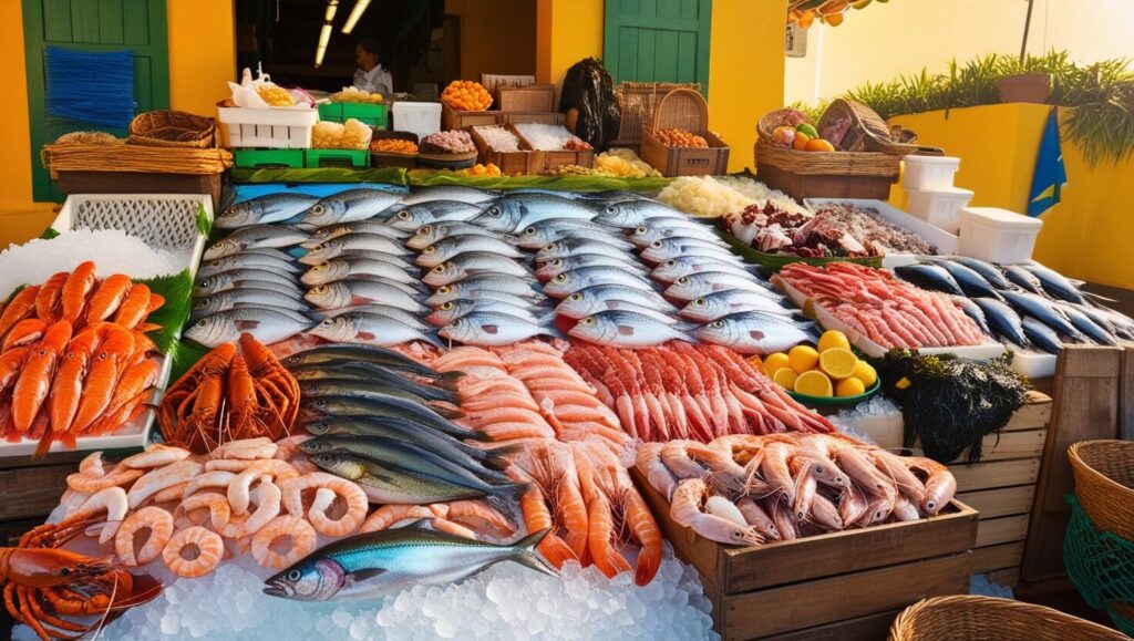 Bancada do Mercado Ver-o-Peso em Belém, cheia de frutos do mar frescos.