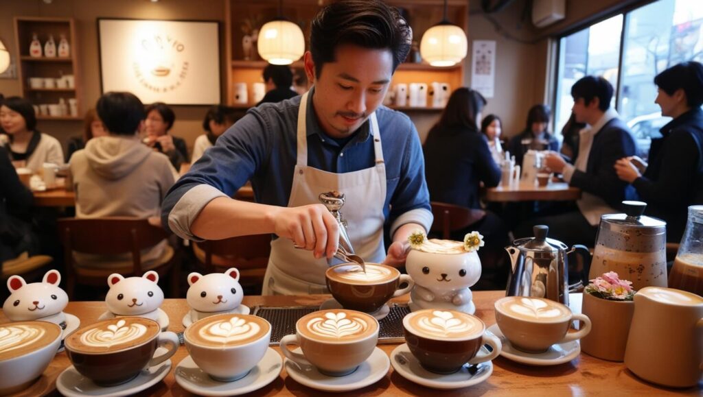 Barista em um café de Tóquio criando arte em latte com designs 3D, destacando a experiência única do café.