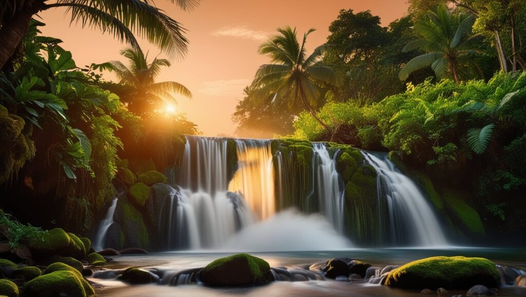 Cachoeira iluminada pela luz dourada do pôr do sol em um cenário tropical.