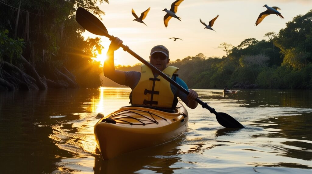 Caiaque explorando o Rio Amazonas ao pôr do sol, com a água refletindo tons dourados e a selva densa ao fundo.