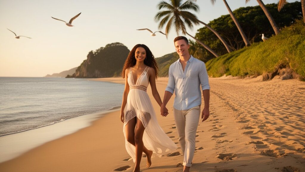 Casal caminhando de mãos dadas na Praia do Amor, em Pipa, com falésias e o formato de coração ao fundo.