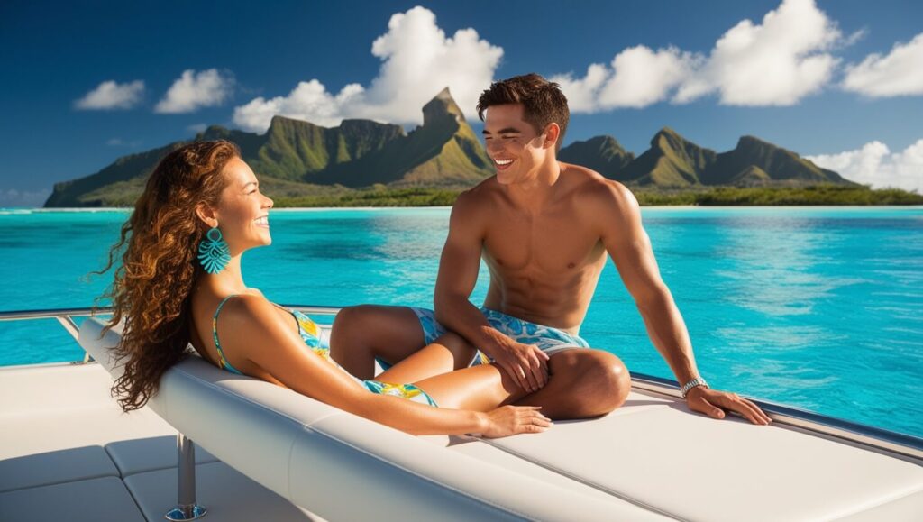 Casal em um passeio de lancha nas águas transparentes de Bora Bora, rodeados por ilhas e céu azul claro.