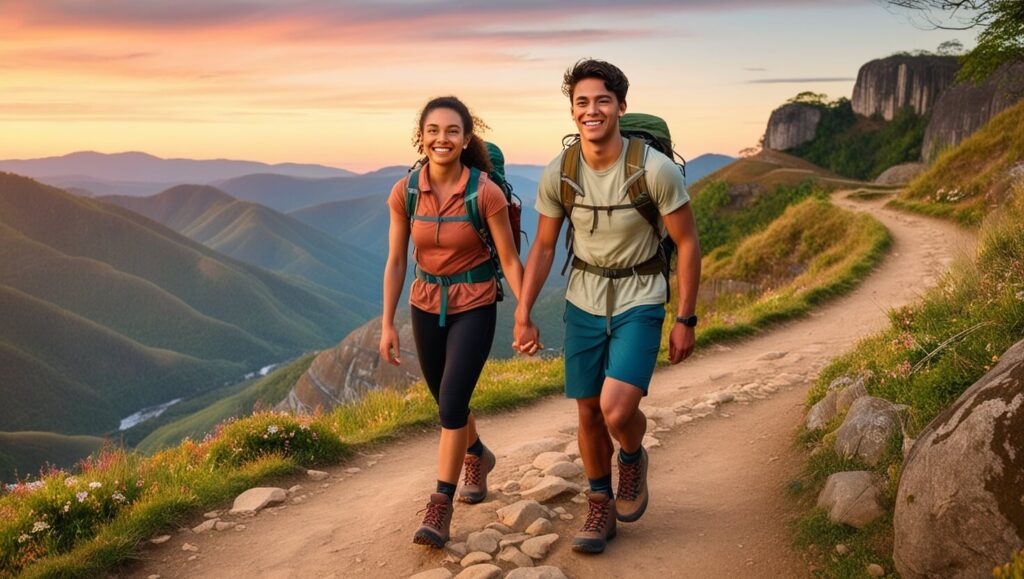 Casal fazendo trilha em Monte Verde, com vista para o horizonte.