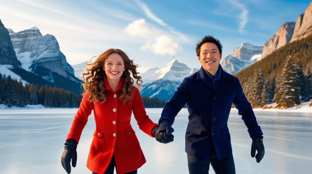 Casal patinando no Lago Louise congelado, com montanhas nevadas ao fundo.