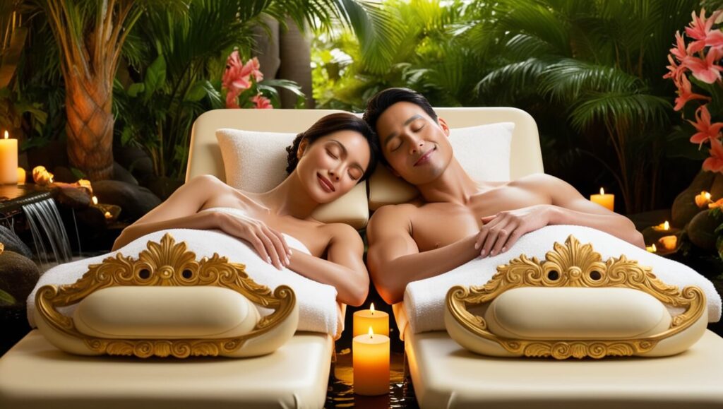 Casal relaxando juntos em um spa aconchegante com velas e plantas.