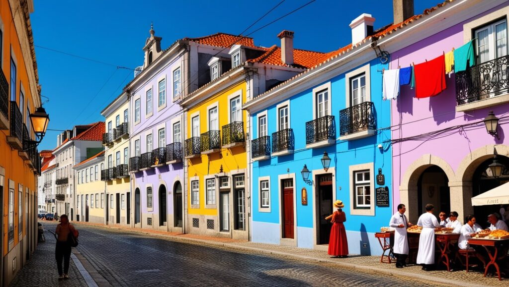 Casas coloridas e ruas estreitas do Bairro de Alfama em Lisboa.