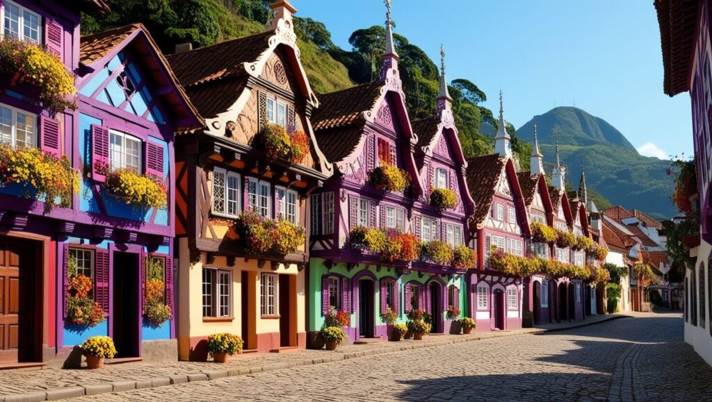 Casinhas de madeira decoradas com flores em Gramado, representando a arquitetura charmosa da cidade.