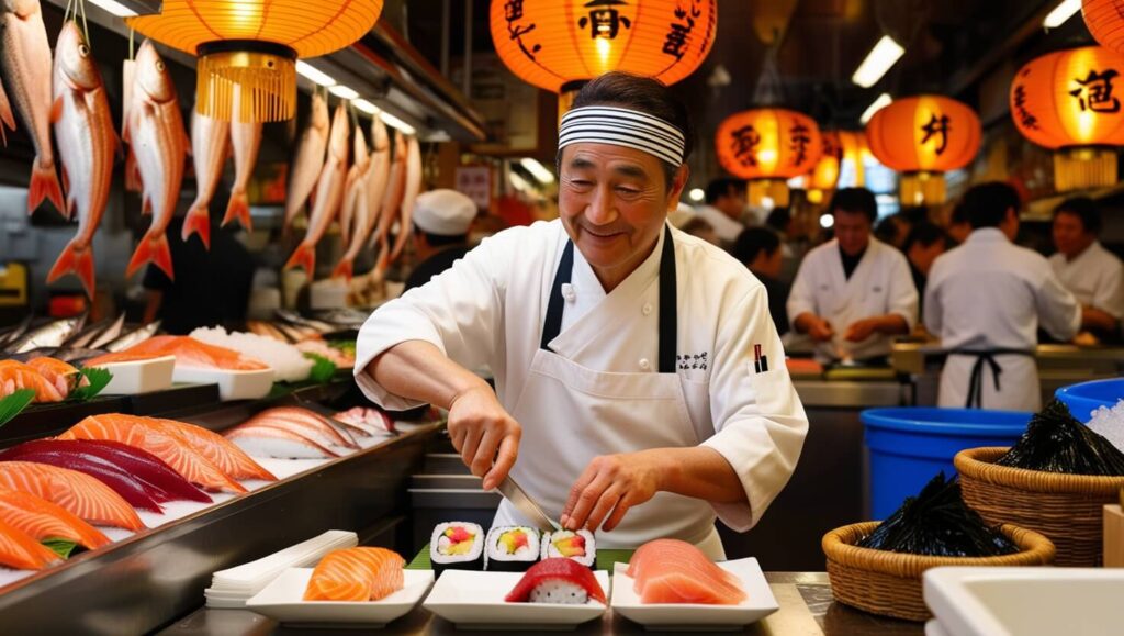 Chef japonês preparando sushi fresco em mercado de Tóquio.