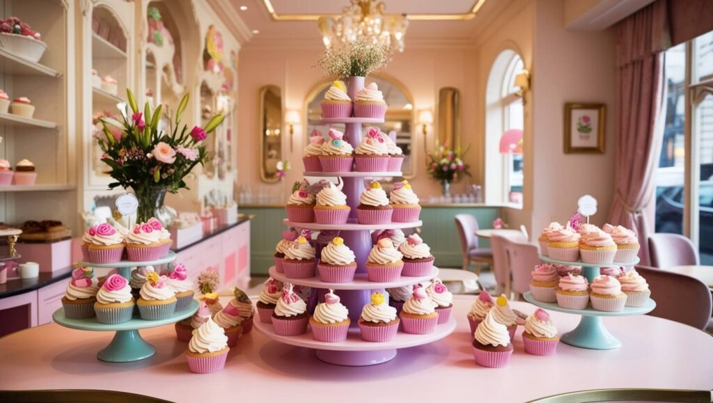 Cupcakes decorados em uma loja charmosa em Londres, rodeados por flores e um ambiente acolhedor.