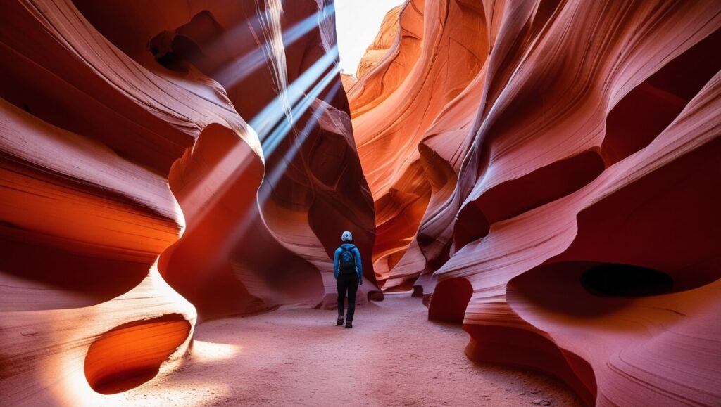 Desfiladeiro de Antelope Canyon iluminado por raios de sol entre tons de laranja e vermelho.