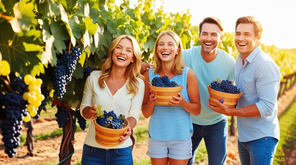 Família colhendo uvas em uma vinícola, com cestas nas mãos, em um ambiente alegre e ensolarado.