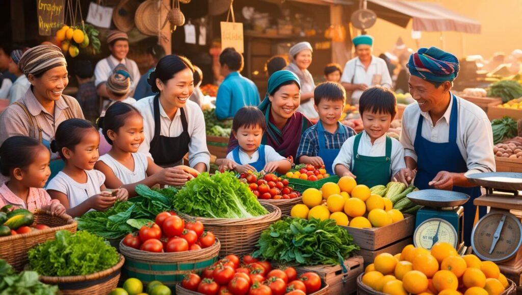 Família com crianças escolhendo frutas em feira livre movimentada.