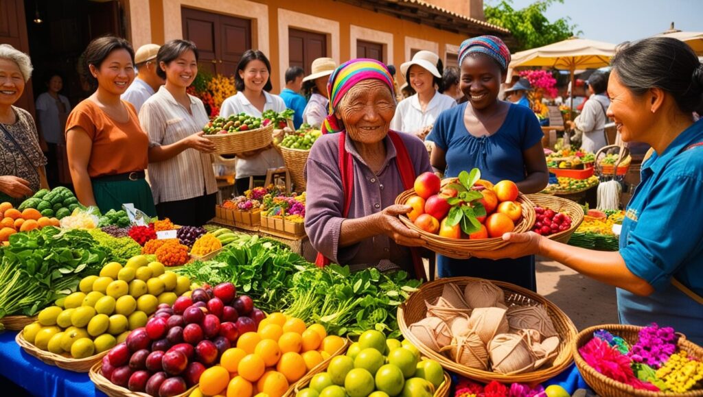 Feira ao ar livre com produtos locais, beneficiando a economia de bairro alternativo.