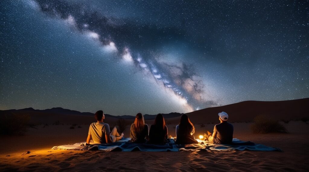 Grupo de amigos observando as estrelas no Deserto do Atacama.