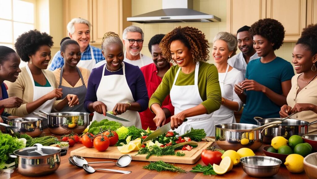 Grupo de pessoas participando de uma aula de culinária, aprendendo a fazer pratos típicos com uma chef local.