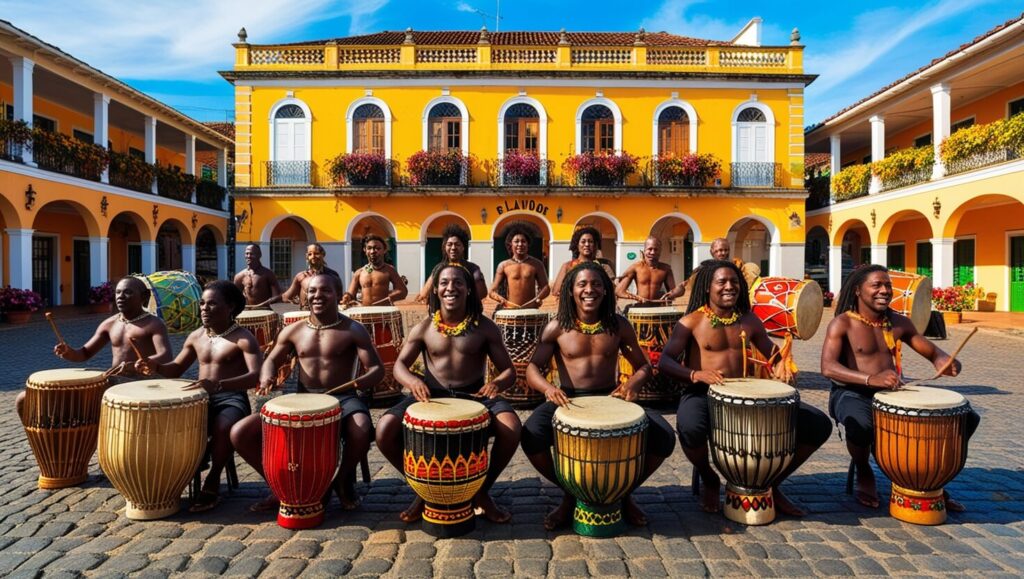 Grupo de tambores afro-brasileiros no Pelourinho, em Salvador, com dançarinos ao redor.