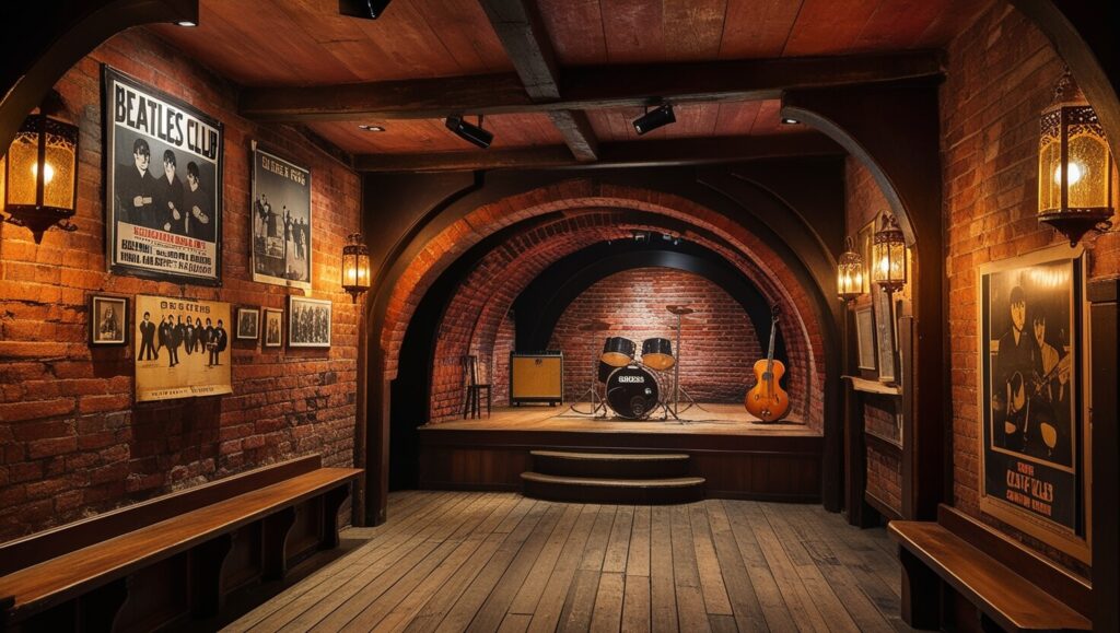 Interior do The Cavern Club em Liverpool, decorado com referências aos Beatles.