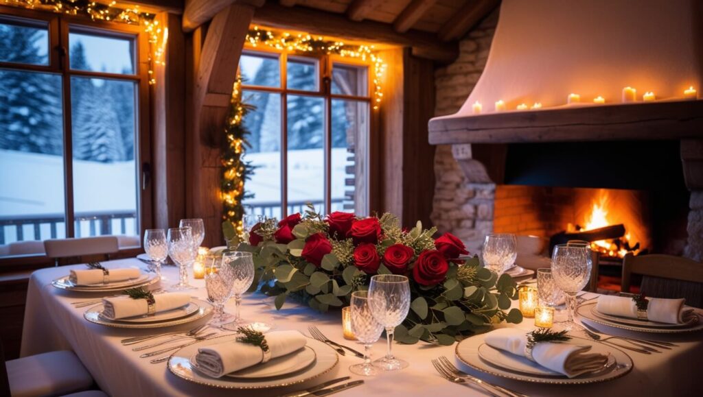  Jantar romântico em um chalé com velas, criando um ambiente acolhedor e especial para casais.