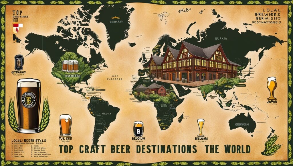 Mapa do mundo destacando os melhores destinos para cervejas artesanais, com ilustrações de cervejarias locais.