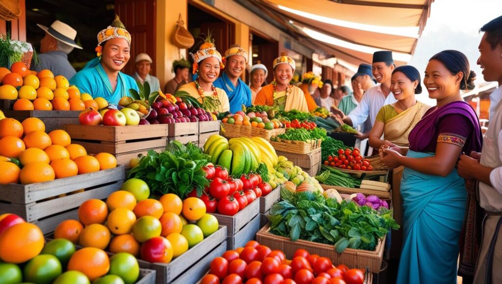 Mercado municipal vibrante com frutas e legumes frescos, repleto de pessoas interagindo e comprando.