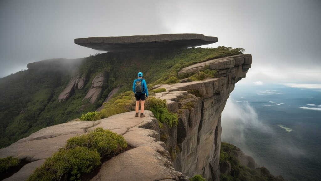 Montanha plana de Monte Roraima cercada de neblina e vegetação exuberante.