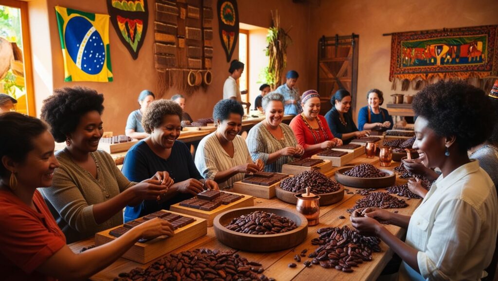 Oficina de fabricação de chocolate no Brasil, com participantes criando suas próprias barras de chocolate.