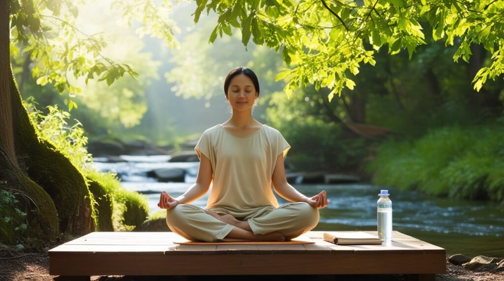 Participante de retiro de silêncio meditando em uma plataforma de madeira cercada por árvores e um riacho tranquilo ao fundo.