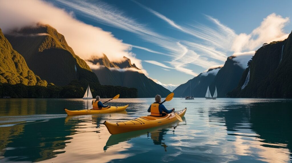 Pessoas em caiaques em Milford Sound, na Nova Zelândia, rodeadas por montanhas.