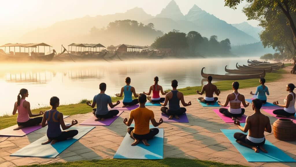 Pessoas praticando yoga no Ashram Parmarth Niketan, Rishikesh, com o Rio Ganges ao fundo e montanhas à distância.