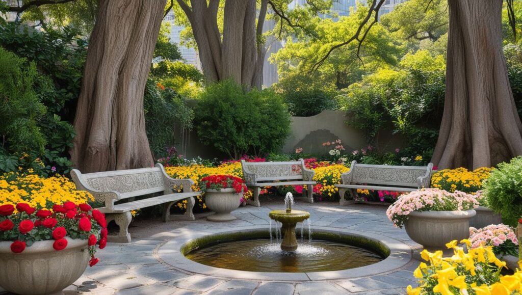 Praça escondida com bancos e sombra, ideal para momentos de tranquilidade.