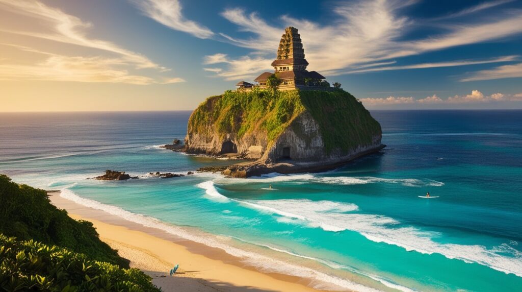 Praia de Uluwatu em Bali com águas cristalinas e templo no penhasco.