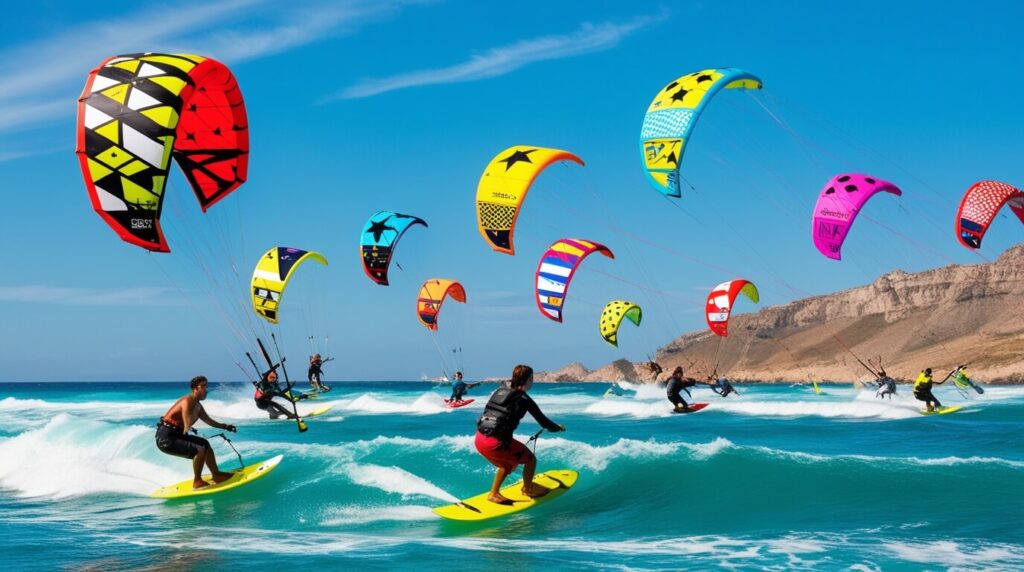 Praticantes de kitesurf na praia de Tarifa, Espanha.