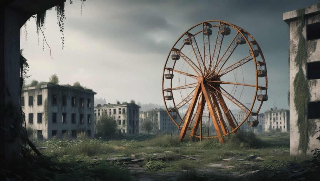 Roda-gigante enferrujada cercada por vegetação em Pripyat.