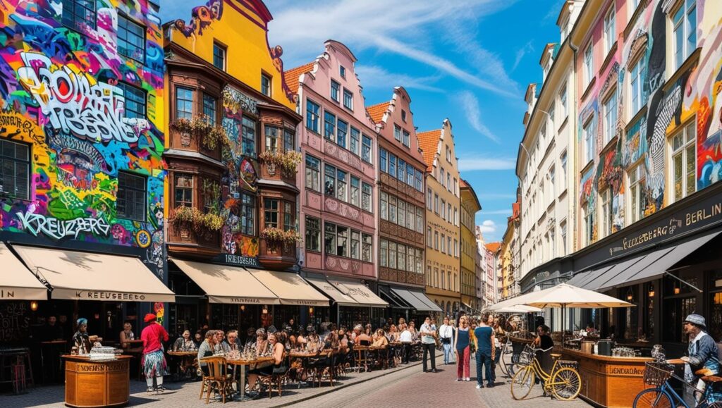 Rua em Kreuzberg, Berlim, com grafites e restaurantes, destino popular para turismo alternativo.