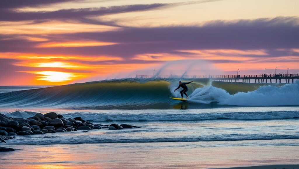 Surfista em Jeffrey's Bay na África do Sul ao pôr do sol.