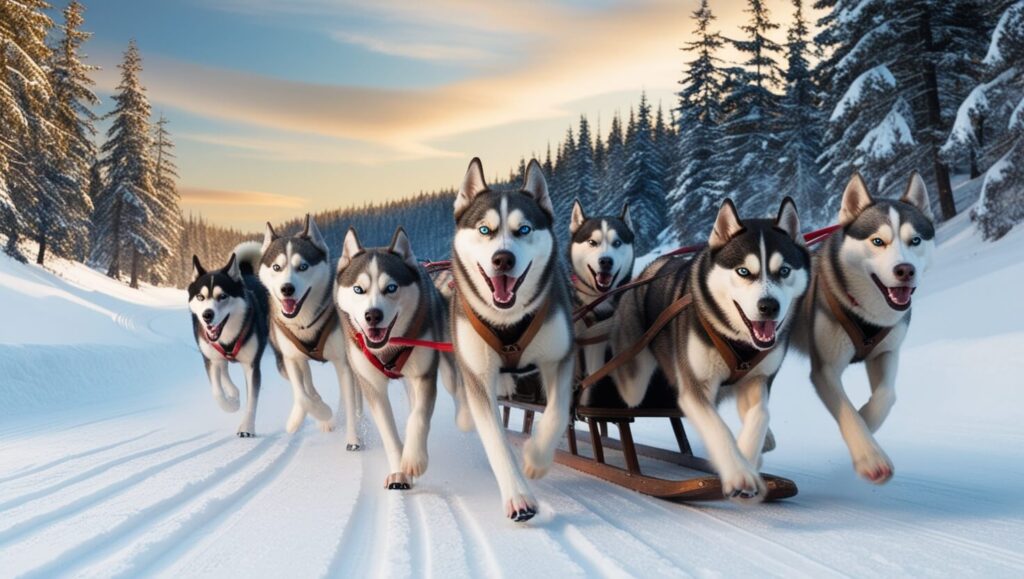 Trenó puxado por huskies em uma trilha de neve rodeada por florestas.