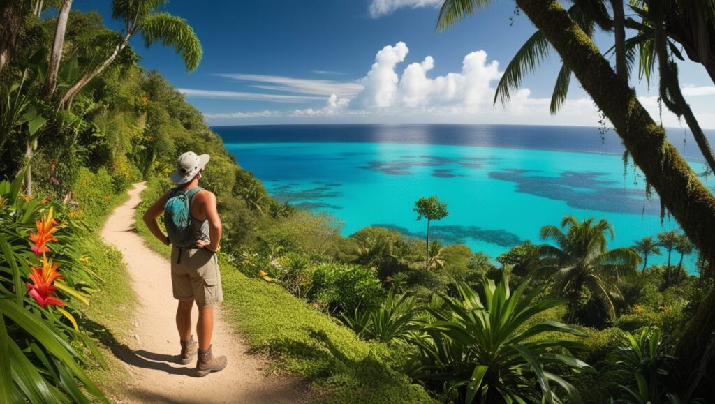 Trilha em uma floresta tropical com um trilheiro em destaque e uma vista deslumbrante para uma lagoa azul, cercada por vegetação densa e verde.