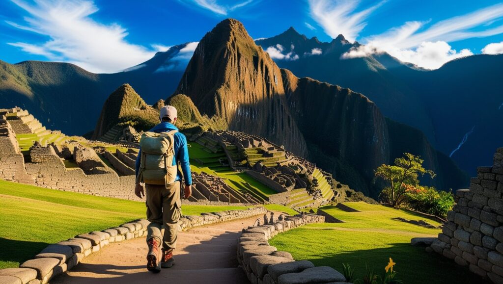 Viajante caminhando em direção às montanhas de Machu Picchu, cercado por ruínas incas.