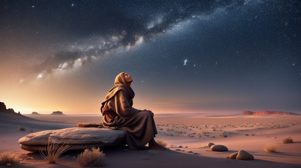  Viajante contemplando o silêncio em um deserto sob céu estrelado.