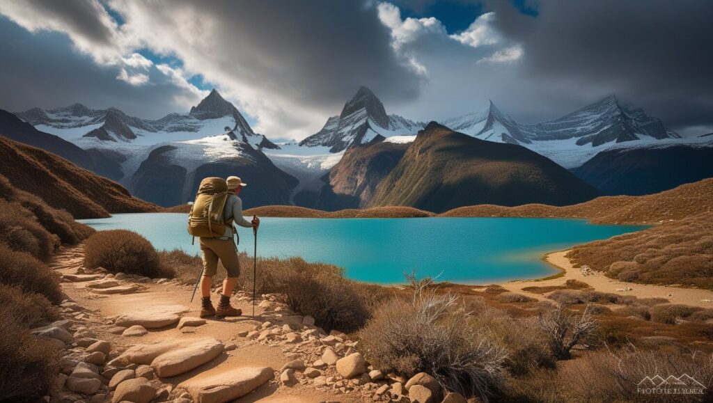 Vista das montanhas e lagos em Torres del Paine, Chile, com uma pessoa contemplando a paisagem, simbolizando aventura e bem-estar.