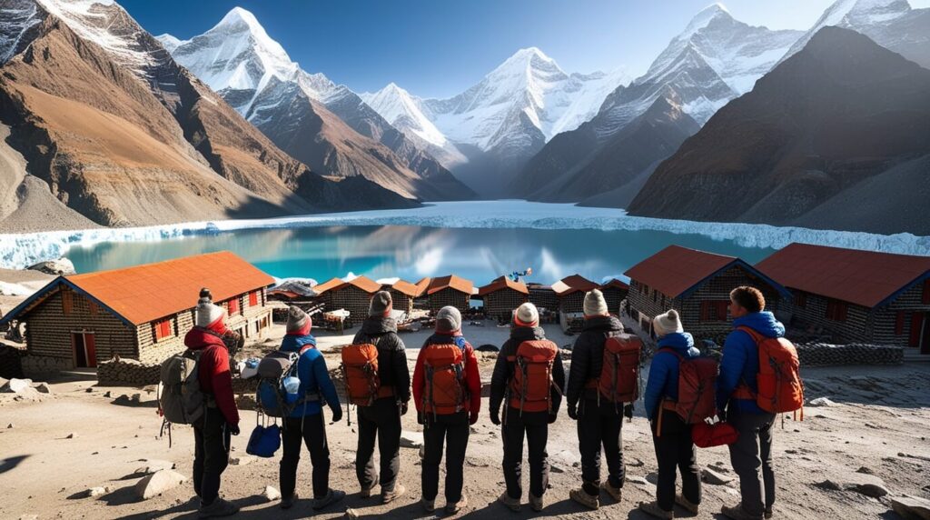 Vista panorâmica do Everest Base Camp, com picos nevados e trekkers explorando o local.