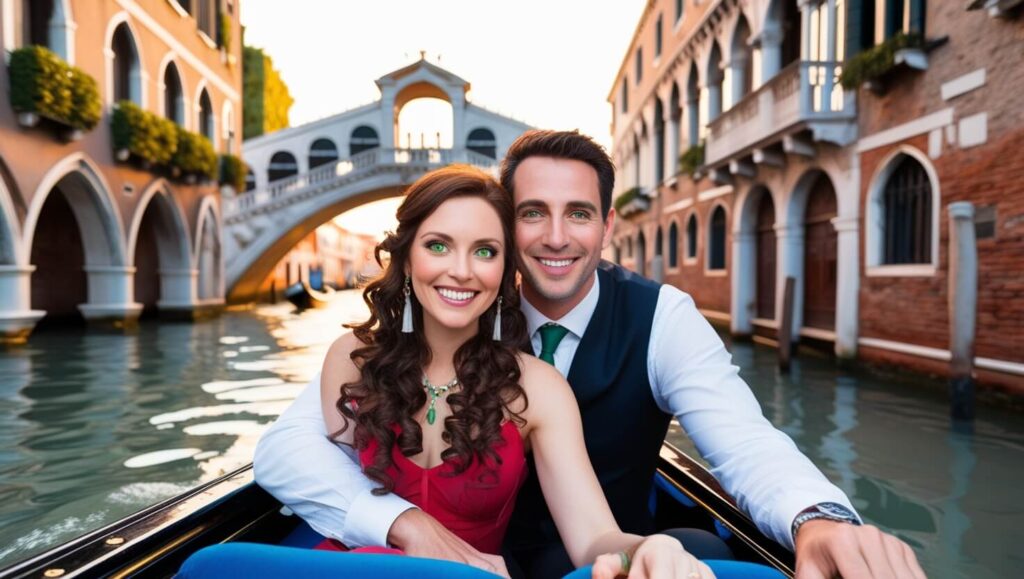 Casal em passeio de gôndola pelos canais de Veneza, passando por uma ponte histórica.