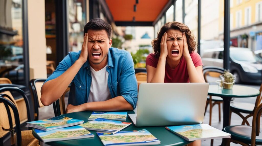 Casal frustrado sentado em uma mesa de café com mapas, folhetos de viagem e um laptop, demonstrando estresse com o planejamento desequilibrado.