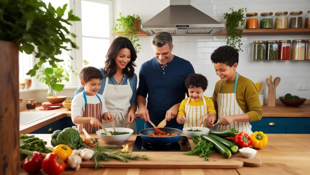 Cozinha aconchegante com uma família cozinhando, usando ingredientes internacionais como especiarias, ervas frescas e vegetais exóticos.