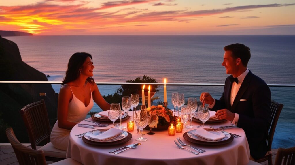 Dinner ao ar livre em um penhasco com vista para o oceano ao pôr do sol. Mesa com porcelana fina e velas, céu com tons de laranja e estrelas surgindo.