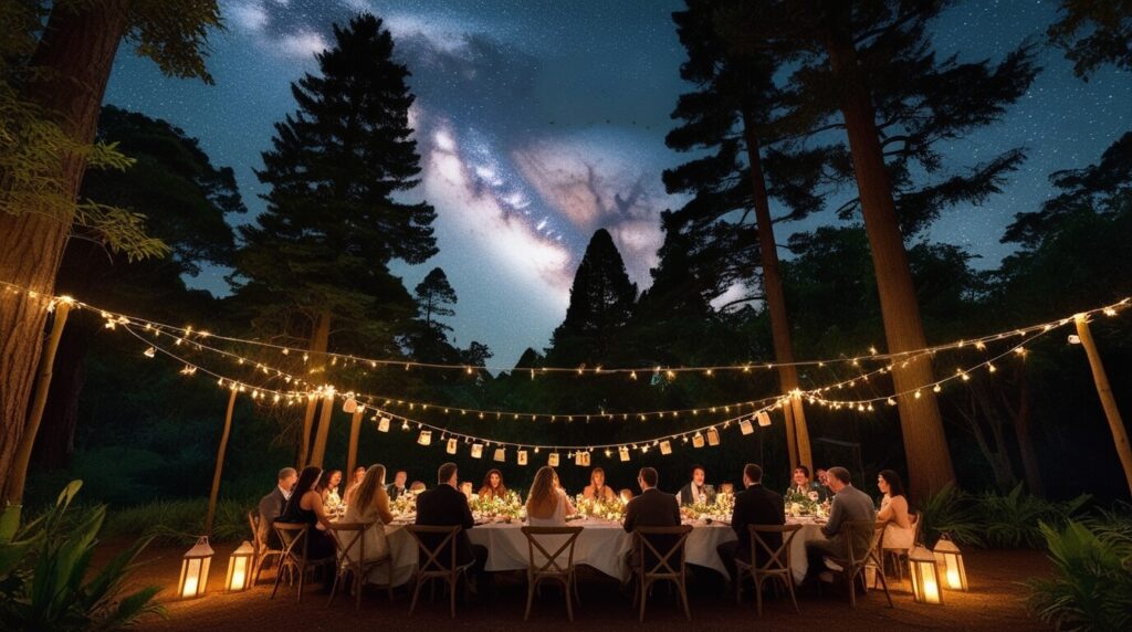 Floresta mágica com mesa iluminada por luzes de fadas e lanternas. Céu claro com a Via Láctea, convidados jantando sob um dossel de estrelas.