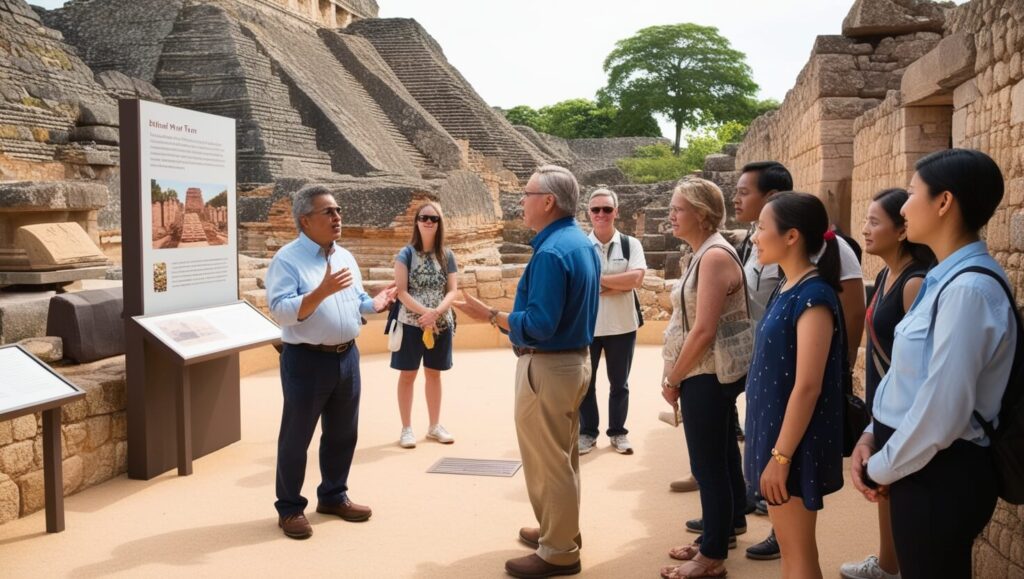 Grupo de turistas em uma visita guiada a ruínas históricas, ouvindo explicações sobre a importância cultural do local.