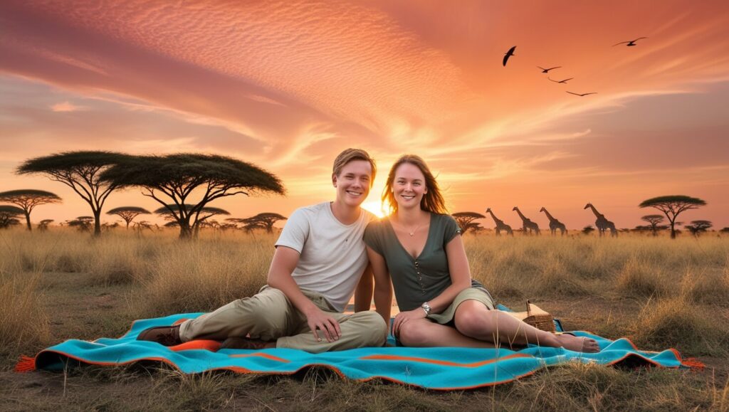 Piquenique ao pôr do sol no Serengeti, com casal em savana africana e céu alaranjado.