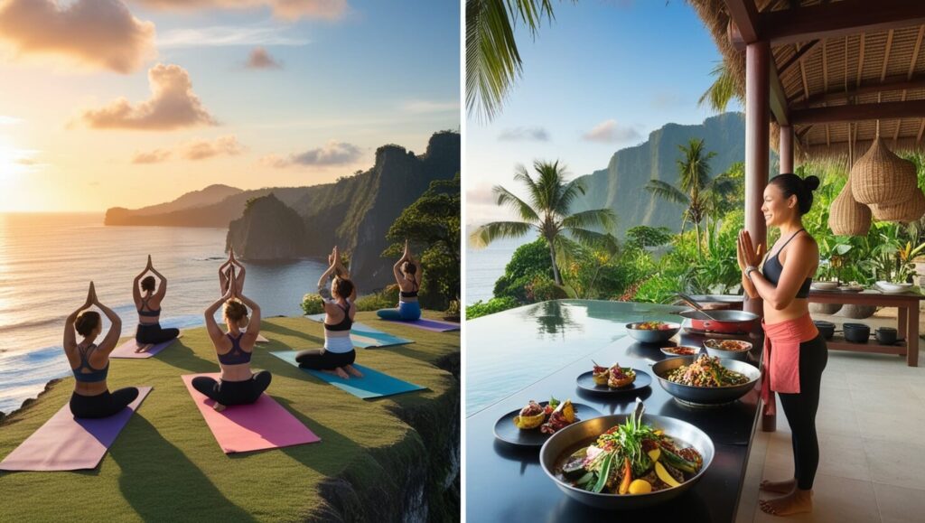 Retiro de yoga em Bali com vista para o mar, e cozinha ao ar livre preparando pratos típicos.